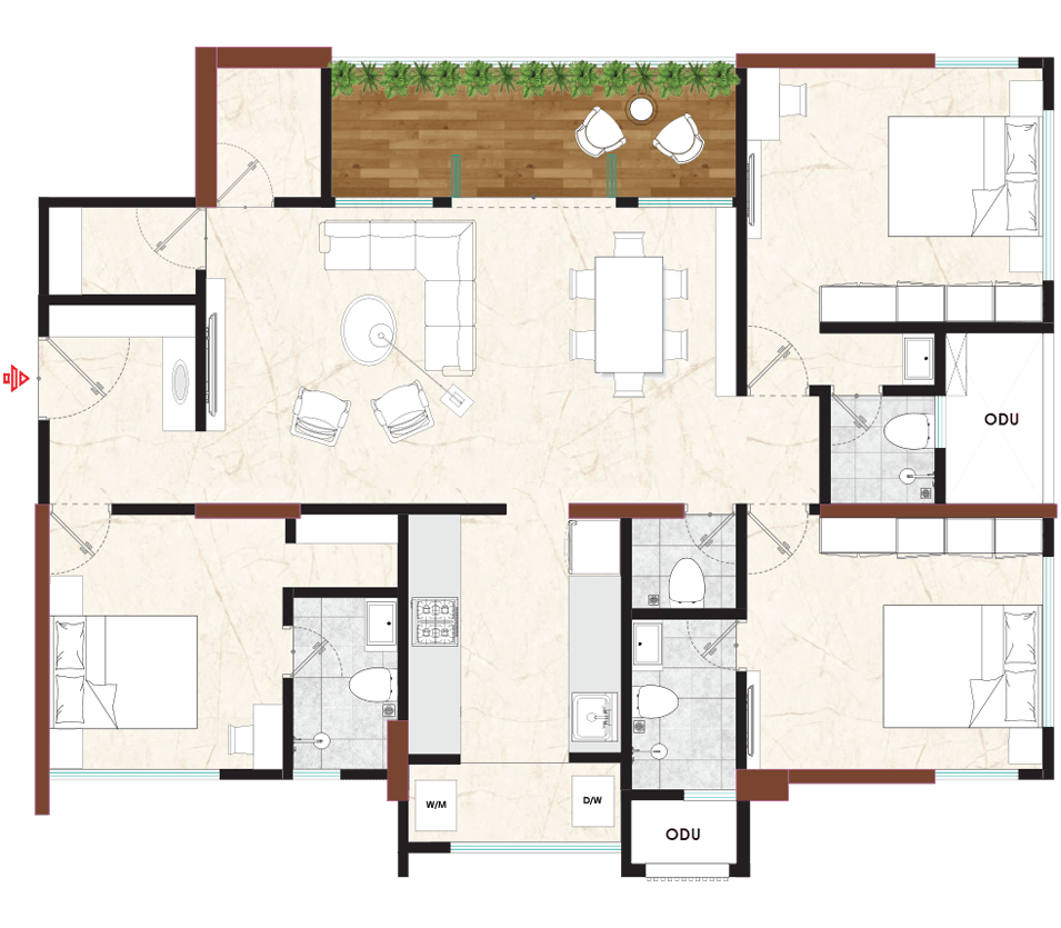 3 BHK floor plan layout, 1503 sq. ft.